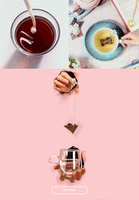 Biodegradable tea bags collage of images - milk being poured into cup of tea, overhead view of tea cup with tea bag in it and hand holding tea bag string over tea cup
